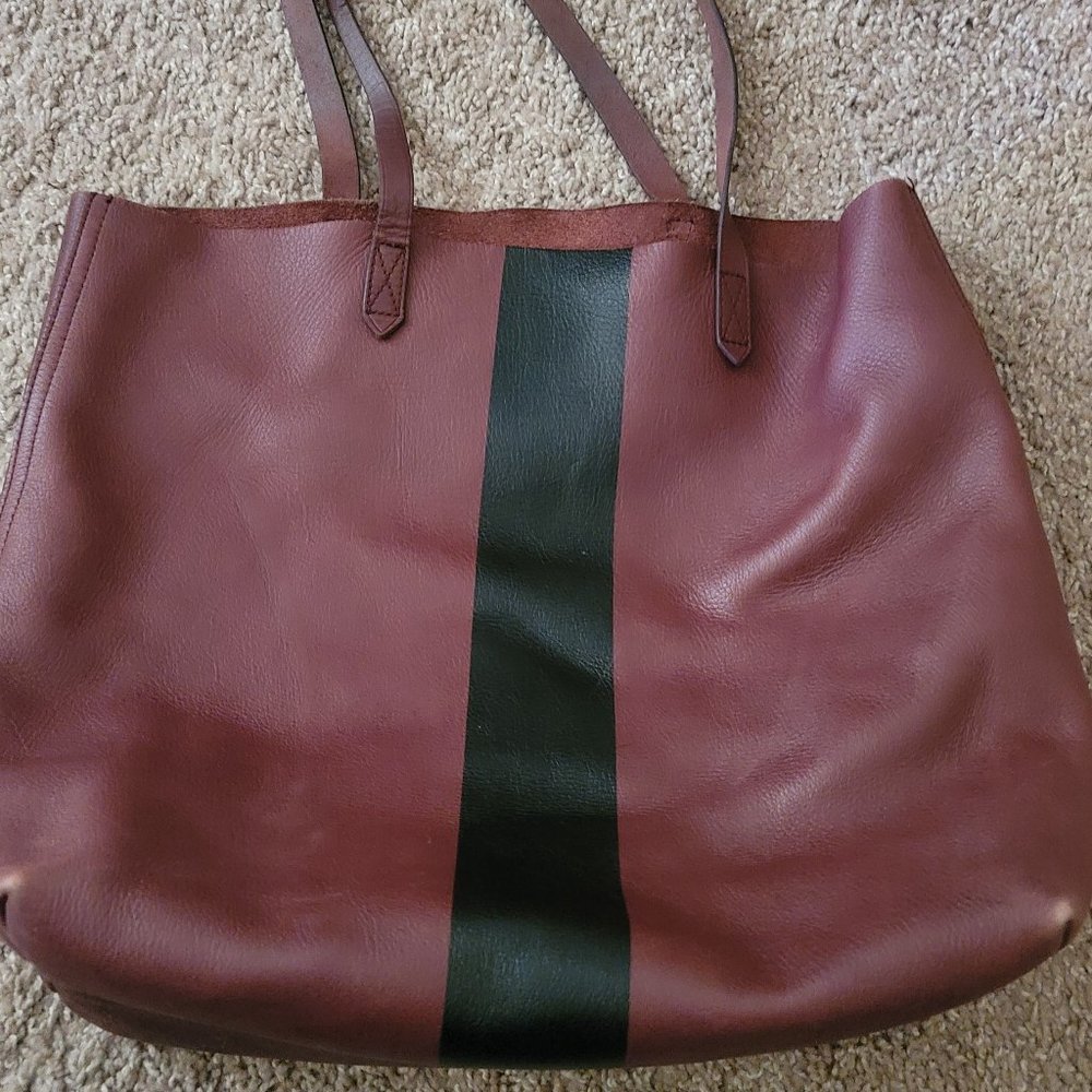 Previously Owned Madewell Paint Stripe Transport Leather Tote in Burgundy
